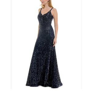 Navy Blue Taylor Sequin Gown With Bow Detail & Adjustable Straps Size 8